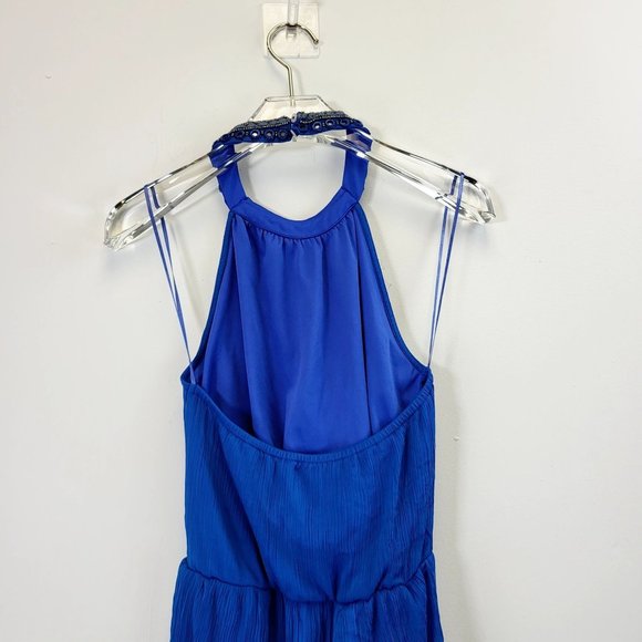 ZARA Dress Blue Mini SMALL Halter Beaded Open back Fit & Flare A-line Sparkle - Picture 9 of 10